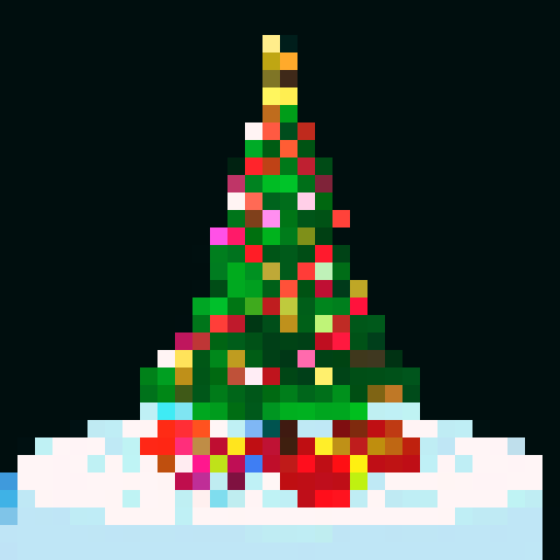 Christmas tree with vibrant green branches, colorful ornaments, and a shining star topper, surrounded by snow-covered ground and adorned with festive red and gold ribbons, twinkling fairy lights, pixelated presents underneath, a 32x32 video game badge, all outlined in bold black and brought to life with a pixel art style using the sRGB color palette