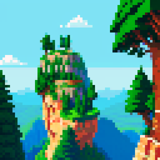 nature setting cliff on the left side that takes up just a little bit of the screen but make it tall and you can see the top of the cliff. Background blue sky and on the right but some tall pine trees
