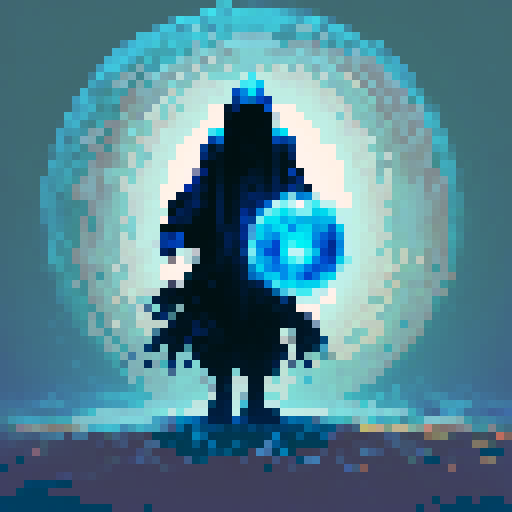 shadowy figure, electric blue light, jagged lines, glowing orb, sharp edges, intense contrast, dramatic shadows, vibrant colors, low resolution, retro aesthetic, 8-bit graphics, digital distortion, motion blur