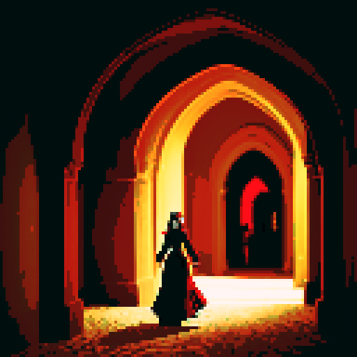 A lady vampire walking through old castle hallways