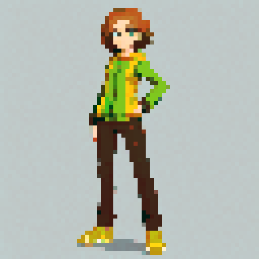 Make a female character in her teens, light skin, green eyes, light brown hair, with slim complexity show her full body