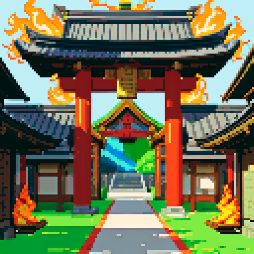 use reference image, shrine gate, raging inferno, pixel art