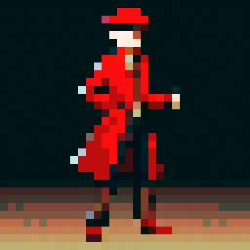 steampunk young man, red coat, red hat, 2D game stance, pixel art, sRGB, full body