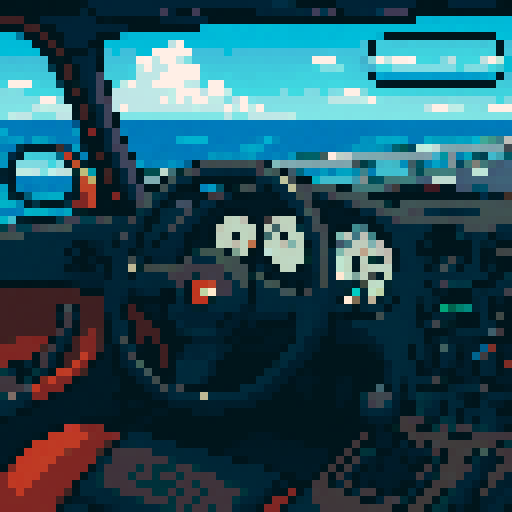 Dodge Viper GT interior, road, Ocean outside driver's window, 80s anime style, sRGB, pixel art