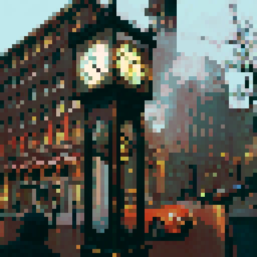 steam clock tower, vintage, retro, steampunk, Victorian, ornate, intricate, gears, brass, copper, clock face, Roman numerals, chiming, steam-powered, towering, mechanical, detailed, pixelated, vibrant colors, sRGB