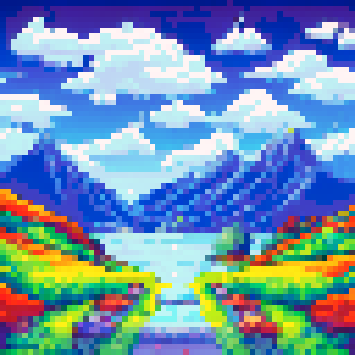 mountain peaks, fluffy clouds, shining sun, rolling hills, vibrant flowers, tranquil lake, towering trees, winding path, distant horizon, peaceful meadow