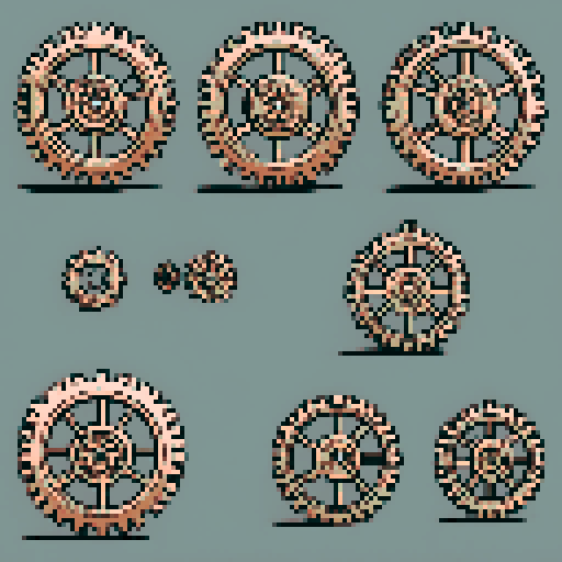 I want a copper gear that looks like it was made by a master clockmaker. It should have strange mechanical details that could interlock with each other. I also want this object usable an asset in a videogame, meaning only one object per image, outlined with a strong black stroke, on a solid-color background.