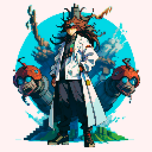 full-body image of a mad scientist with wild hair, lab coat, and goggles, who is facing to the left, giant robot towering in the background, detailed pixel art
