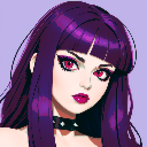 Thicc, busty goth girl, long purple hair, eyeliner, red lipstick, nude breast, spiked collar, up close face portrait, vibrant sega genesis palette, nude pixel art portrait,