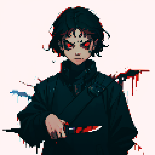 Michael Myers, dark silhouette, looming presence, blood-red eyes, pixelated horror, sRGB color palette, chilling atmosphere, knife-wielding figure