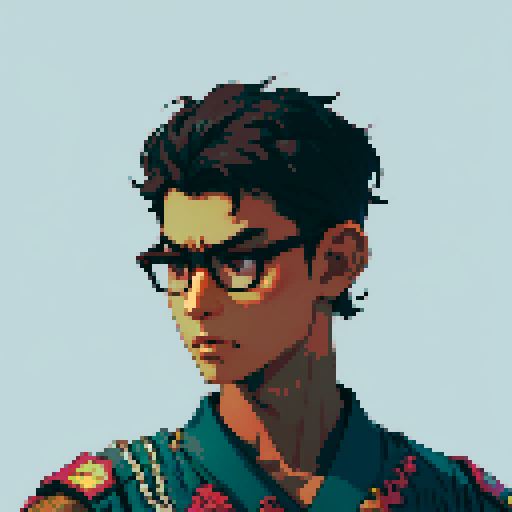 Southeast Asian man, short curly hair, round glasses, tanned, diamond shaped face, black eyes, age 25, wearing a robe