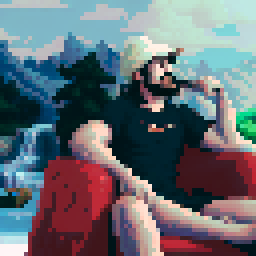 crazy long brown hair, cool guy thinking in his chair, pixel art, sRGB, background landscape