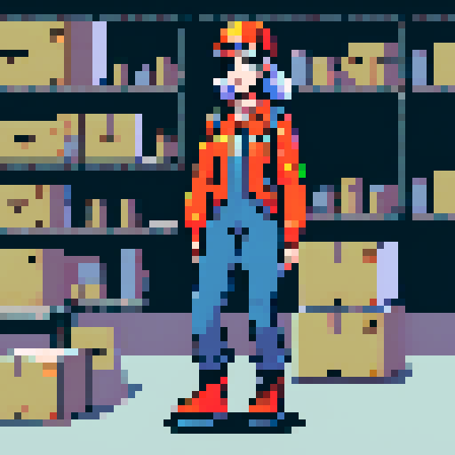 young, female warehouse worker, Amazon Germany, pixel art