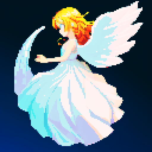 
Beautiful, ethereal angel with shimmering wings and flowing, liquid-like chrome body, rendered in minimalist pixel art with vibrant, dazzling sRGB colors