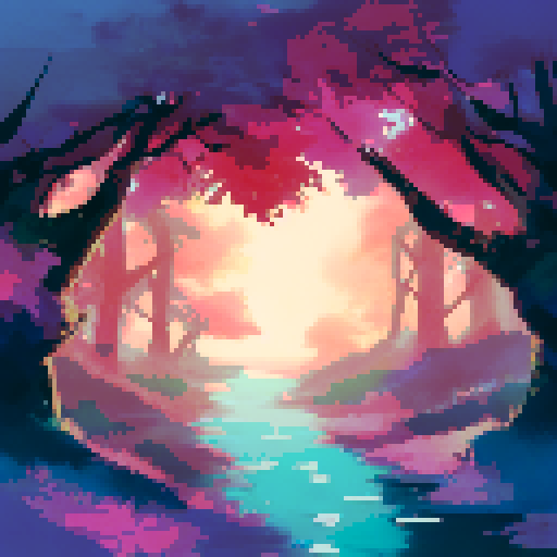 Magical, towering trees with vibrant, autumnal foliage and elongated, graceful branches reaching towards a sky ablaze with hues of gold, crimson, and purple, casting a warm, ethereal glow over a serene, enchanting forest bathed in the gentle, twilight hour of sunset