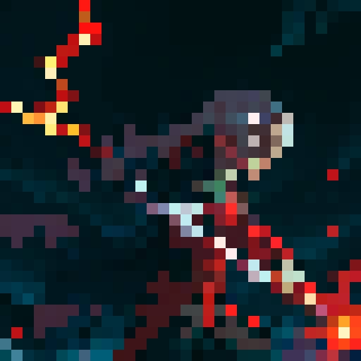 orc spellcaster enemy, with glowing red eyes, holding a staff with pulsating magical runes, casting a thunderstorm spell, surrounded by crackling electricity, against a dark and stormy background, in a stylized pixel art style