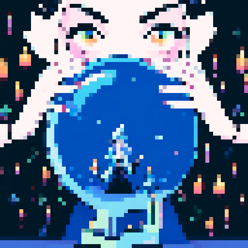 Colorful Illustration of a charming young witch with a boho vibe, reading a crystal ball, viewed from the client's perspective, mystical atmosphere with candles and herbs