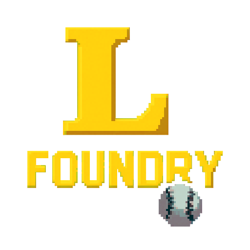 Pixel art of a fictional baseball team called the Foundry. Just showcase a "L" for Louisville. Yellow, dark blue and gray, sharp outlines, and soft pixel shading. The logo design mimics 80s MLB logos. Use a vibrant Sega Genesis 16-bit style with selective dithering, geometric forms, and nostalgic retro charm. Avoid modern gradients—keep it pure pixel art.