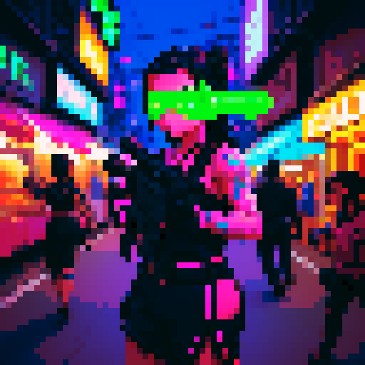 Street merchant assassin girl, neon-lit night market, slicked-back hair, pixelated sniper rifle, fluorescent tattoos, sRGB glow, bustling crowds.
