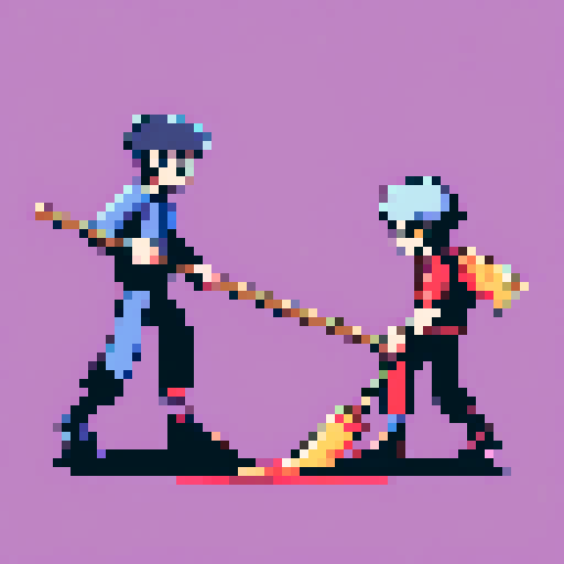 Two characters fighting each other with a broom stick