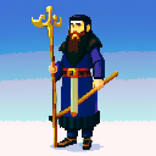 raven-like druid with beard, staff in hand