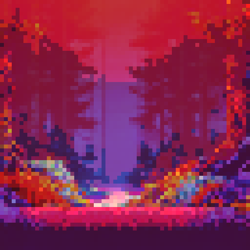 vibrant purple forest, dense trees, sun rays filtering through leaves, moss-covered rocks, pixelated hedgehog