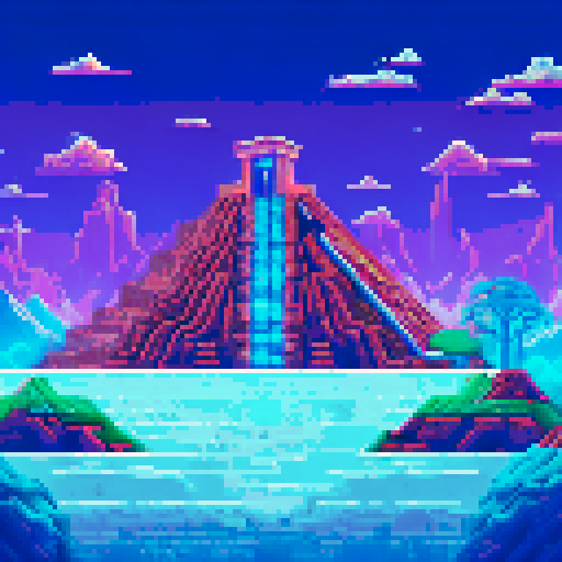 technological Aztec Style Ziggurat, shimmering in neon hues, surrounded by frozen waters reflecting the pixel art skyline