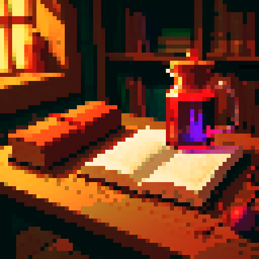 red magical potion sitting on a wooden table in front of books that can cast spells.
