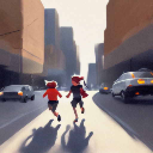 Two young adventurers running across a busy city road, with oncoming cars approaching.