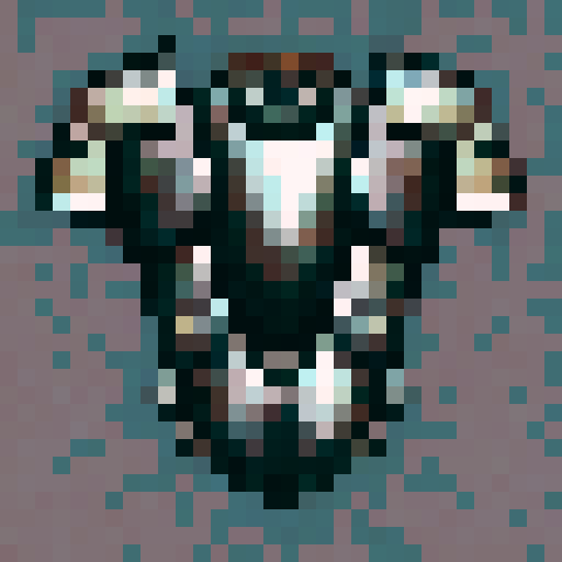 Shining silver pauldrons, emblazoned with a golden sun, sit atop a suit of jet black armor, adorned with intricate etchings of mythical creatures, all depicted in a 32x32 pixel art style fit for a game asset, with vivid sRGB colors that bring the armor to life