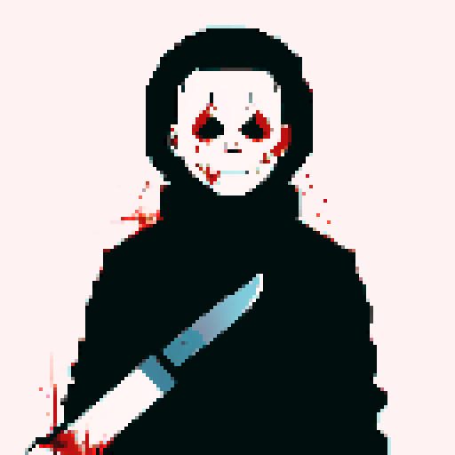 Michael Myers, dark silhouette, looming presence, blood-red eyes, pixelated horror, sRGB color palette, chilling atmosphere, knife-wielding figure