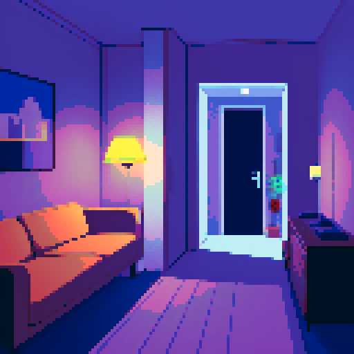 dim apartment interior at night, melancholy, depressed, lonely man's apartment, sadness, dimly lit, bare, pc gamer