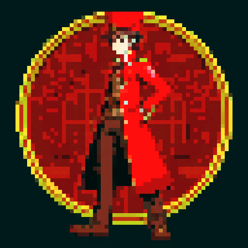 steampunk young man, red coat, red hat, 2D game stance, pixel art, sRGB, full body