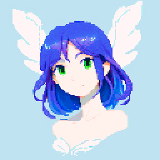 
Beautiful, ethereal angel with shimmering wings and flowing, liquid-like chrome body, rendered in minimalist pixel art with vibrant, dazzling sRGB colors