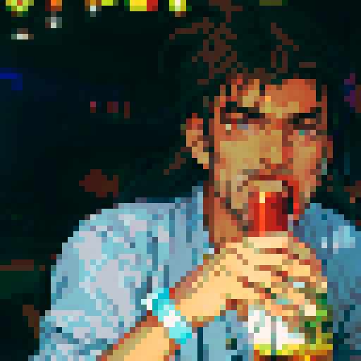 handsome, long-haired guy, beer, vibrant colors, detailed pixel art, sRGB