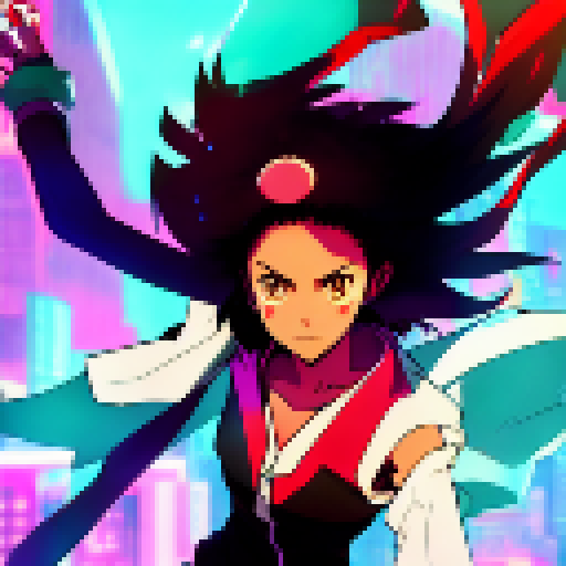 Afro samurai woman, wielding a katana, stands atop a skyscraper in a neon-lit city, her long braids flowing in the wind as she faces off against a horde of robotic enemies with glowing red eyes, all in the iconic Anime Style.