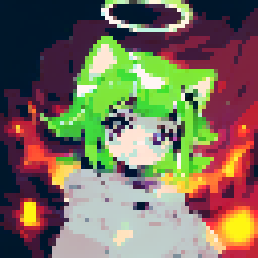 Hooded catgirl with bright green eyes staring intensely at the viewer, captured in a close-up character portrait with an anime style and rendered in pixel art.