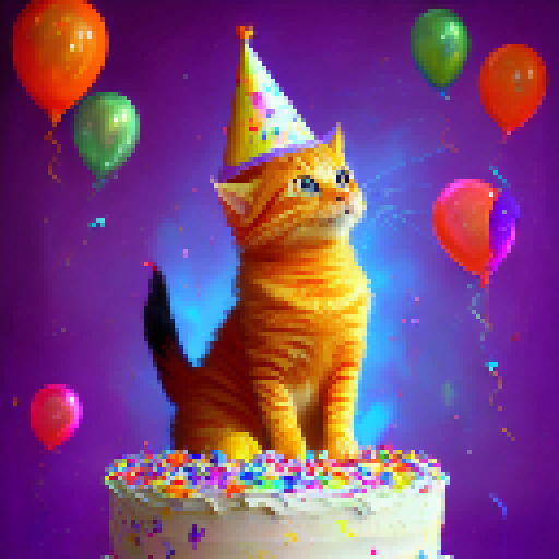 Whimsical, cartoonish, and colorful.

        "A plump, orange tabby cat gleefully batting at a cascade of confetti raining down upon a cake surrounded by balloons and party hats, all set against a vibrant, pastel-hued background with a banner saying Happy Birthday Daniel."