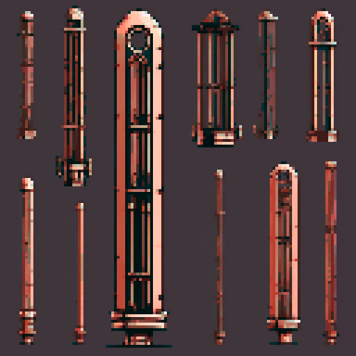 I want a tall vertical copper structure reminiscent of a organ pipe. It should have strange mechanical details that could interlock with each other. I also want this object usable an asset in a videogame, meaning only one object per image, outlined with a strong black stroke, on a solid-color background.