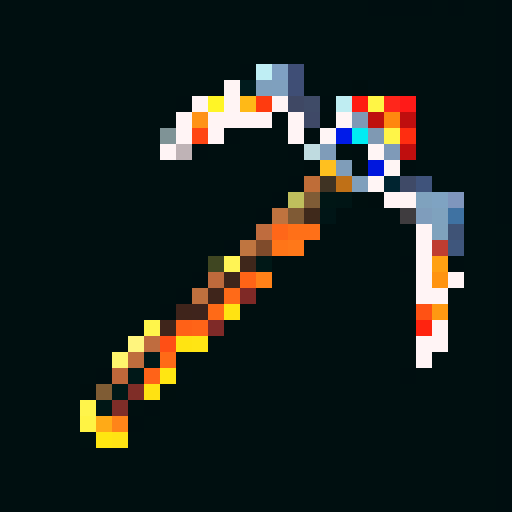 minecraft pickaxe, carved wooden handle, stone head, intricate tribal patterns, vibrant colors