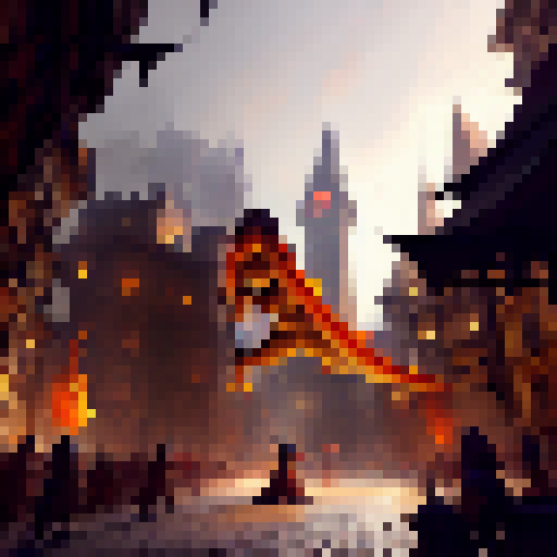 Fiery dragon swoops down, scorching cobblestone streets of bustling medieval city, while knights in shining armor raise swords to defend their kingdom in a fantastical RPG world.