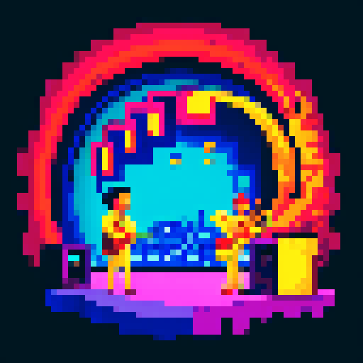 Vibrant jazz musicians, pixelated cityscape, saxophones, trumpets, neon lights, swirling colors, pixel art, sRGB