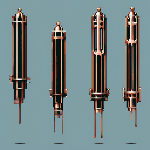 I want a tall vertical copper structure reminiscent of a organ pipe. It should have strange mechanical details that could interlock with each other. I also want this object usable an asset in a videogame, meaning only one object per image, outlined with a strong black stroke, on a solid-color background.
