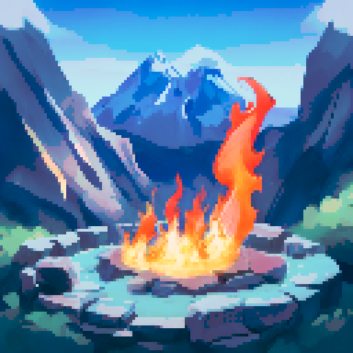 Athlete sprinting, leaping, dodging flames, hurdling obstacles, with fiery backdrop, towering mountains