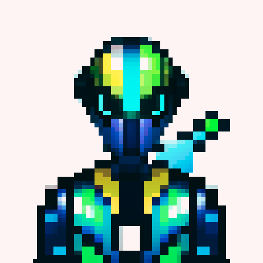 helmet, pixel art, sRGB, vibrant colors, sharp lines, detailed shading, metallic texture, glossy finish, futuristic design, illuminated visor, symmetrical patterns, dynamic angles, contrasting hues, high contrast shadows