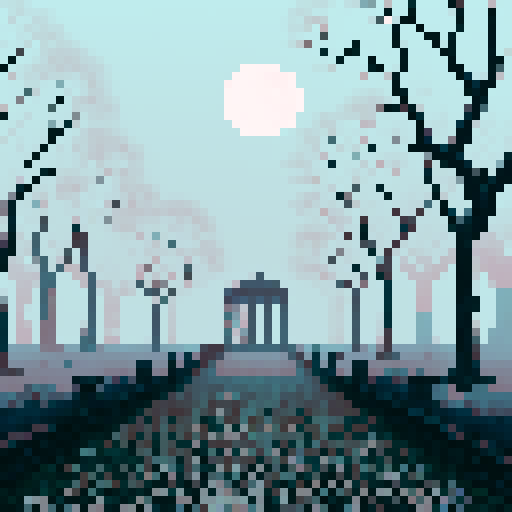 Foggy, white and gray swamp, cracked cobble stone floor, black bare trees, dark vines, moonlit sky, distant ruins of temples, eerie calm, pixel art, sRGB