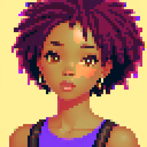 portrait, sprite art, eccentric young woman, african american, casual, cozy