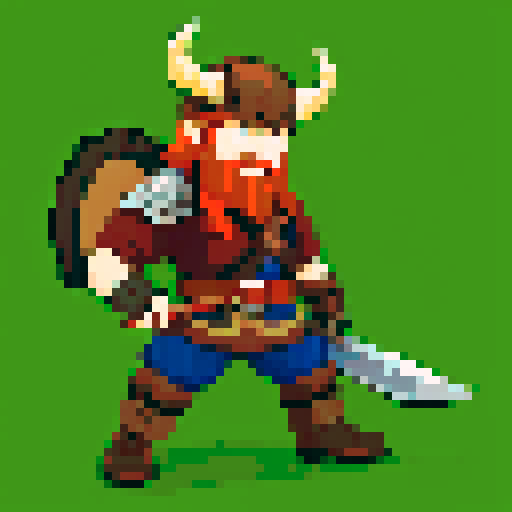 slightly pixelated, a viking with ginger beard, sword and horns helmet. an assassin wearing green and holding 2 knives.