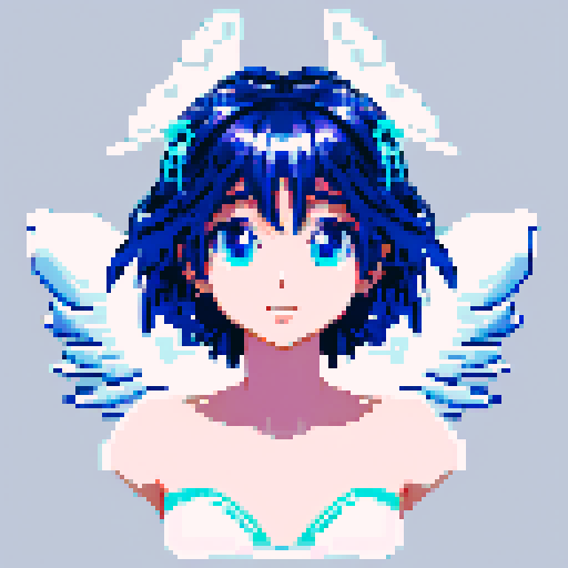 
Beautiful, ethereal angel with shimmering wings and flowing, liquid-like chrome body, rendered in minimalist pixel art with vibrant, dazzling sRGB colors