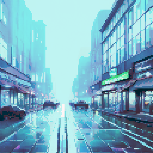 dark night, glowing gas pumps, flickering neon sign, empty parking lot, towering city skyline, distant headlights, reflections on wet pavement, abandoned car, misty streetlights, illuminated storefronts, lonely figure, rain-soaked windows, hazy atmosphere